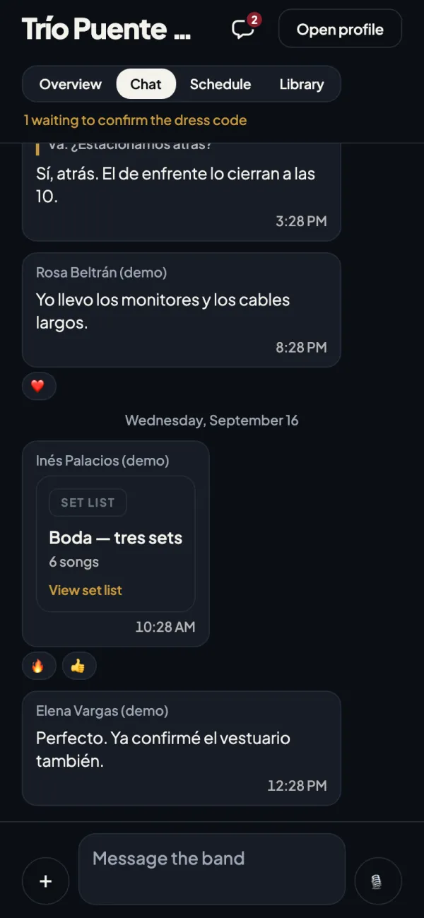 A band chat with a reply, emoji reactions on two messages, and a set list shared as a card.