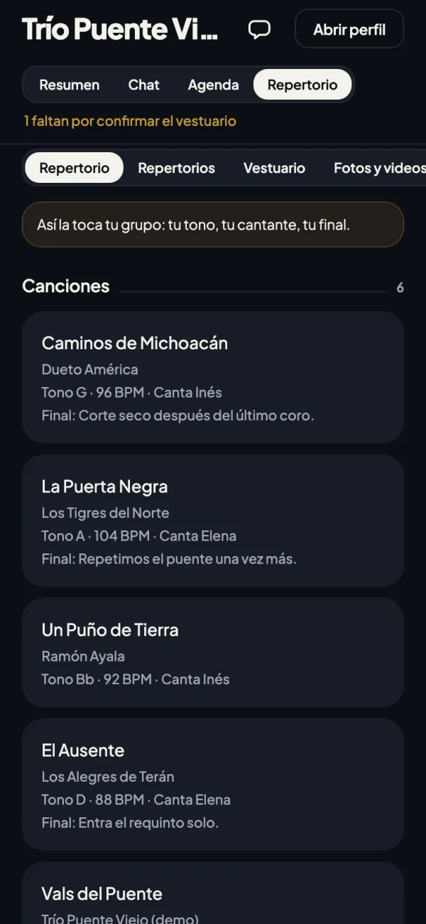 El repertorio del grupo: canciones con su tono, su tiempo, quién canta y cómo termina cada una.
