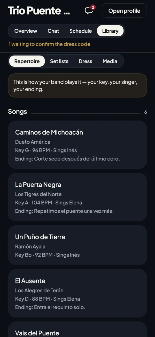 The band library: songs with their key, tempo, who sings and how each one ends.