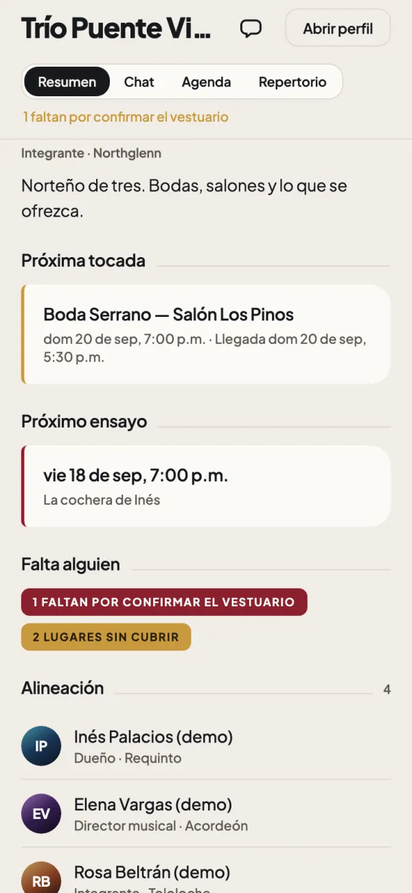 El espacio de un grupo: el próximo ensayo, la alineación con el puesto e instrumento de cada quien, y cómo invitar.