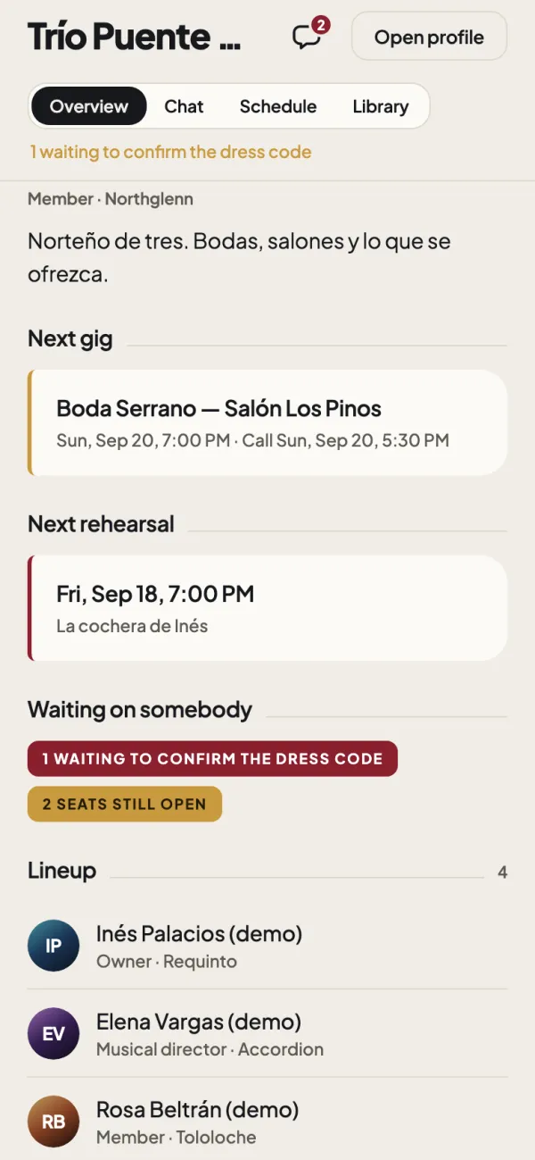 A band workspace: the next rehearsal, the lineup with each member's role and instrument, and the invite controls.