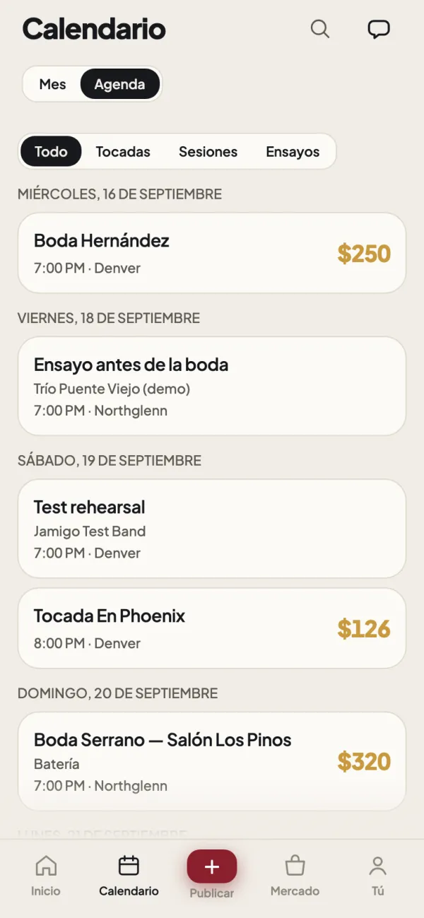 La vista de agenda, con las próximas tocadas y ensayos en orden de fecha.