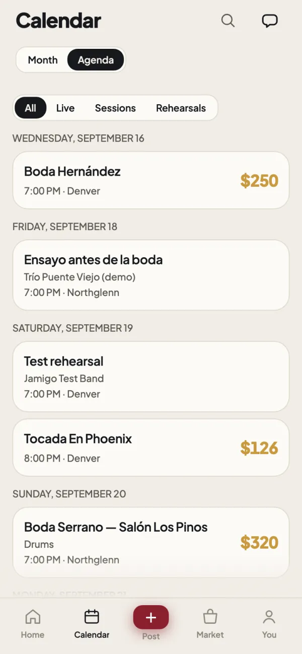 The agenda view, listing the next gigs and rehearsals in date order.