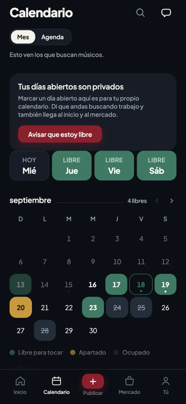 Un calendario del mes con días abiertos para trabajo, días apartados y días bloqueados.