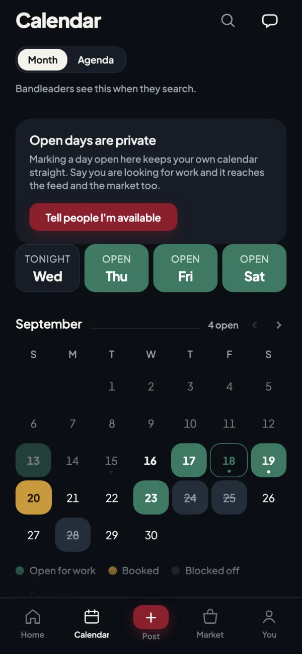 A month calendar with days marked open for work, booked, and blocked off.