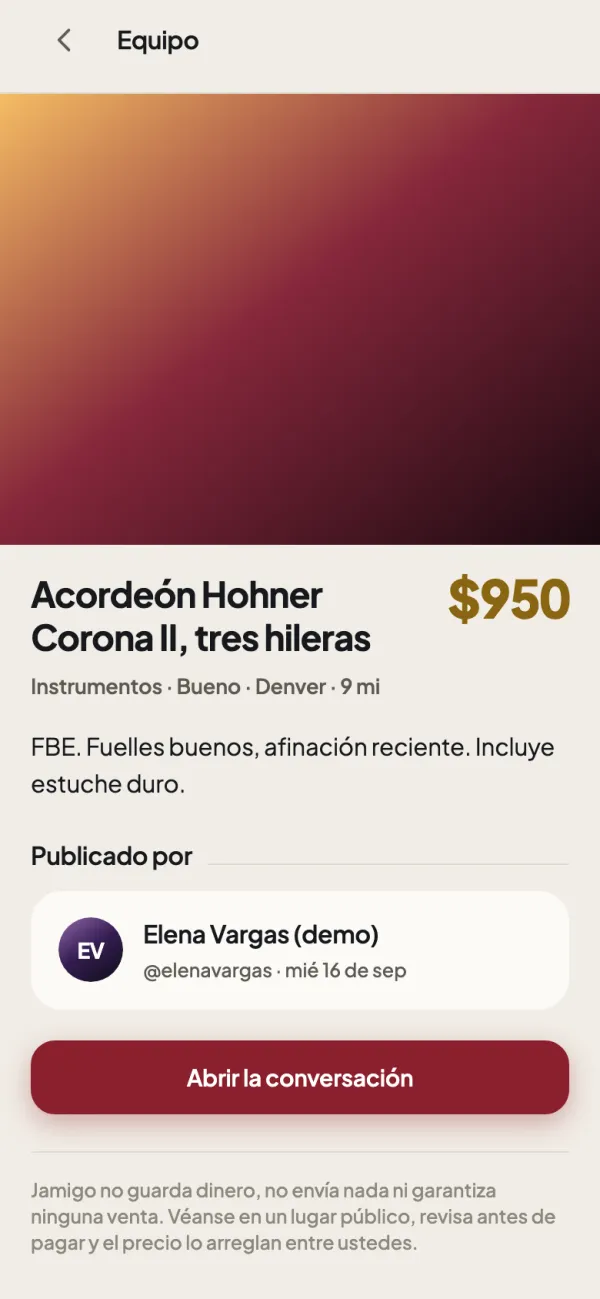 Un anuncio de equipo: un acordeón con su estado, su precio, la descripción y el perfil de quien lo vende.