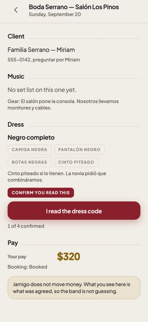A gig brief: the client and their number, the gear note, the dress code with an acknowledgement button, and your pay for the night.