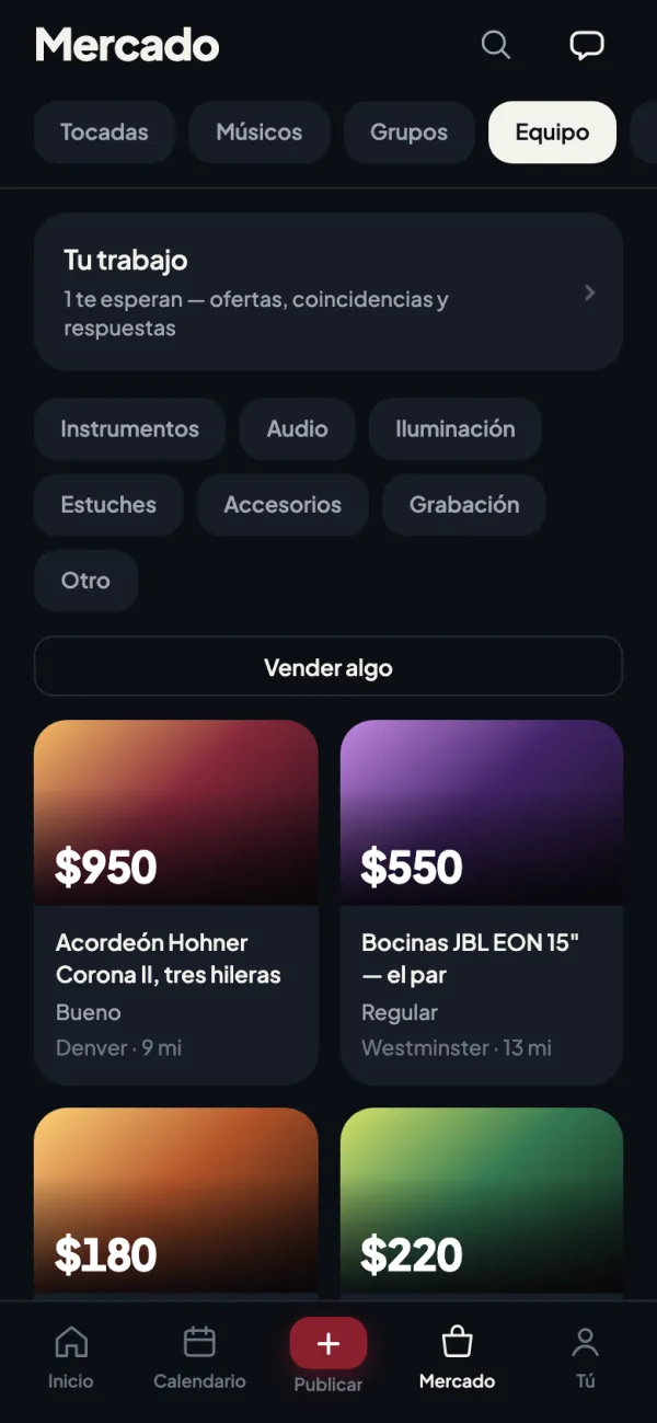 El carril de Equipo en el Mercado: instrumentos y equipo con precio, estado y distancia.