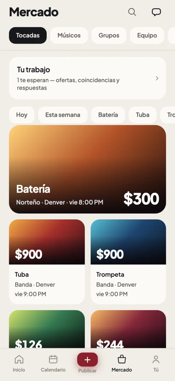 El Mercado en el carril de Tocadas: un lugar de batería esta noche por $400 en Denver, y más tocadas abajo con pago, instrumento y fecha.