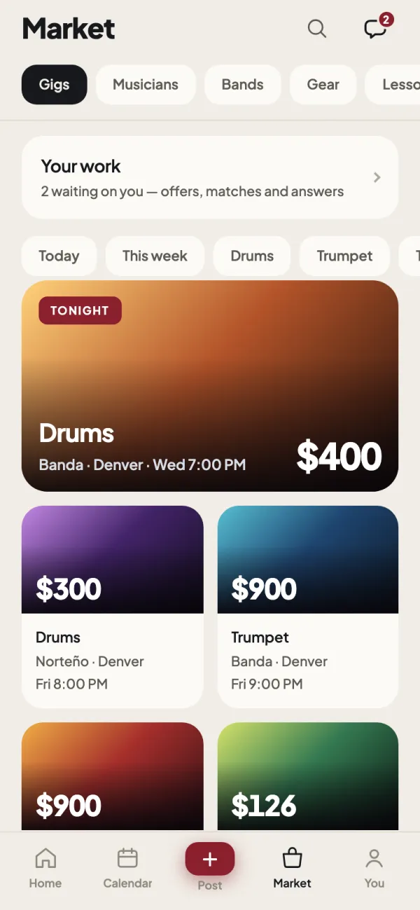 The Market, on the Gigs lane: a drums seat tonight for $400 in Denver, and more gigs below with pay, instrument and date.