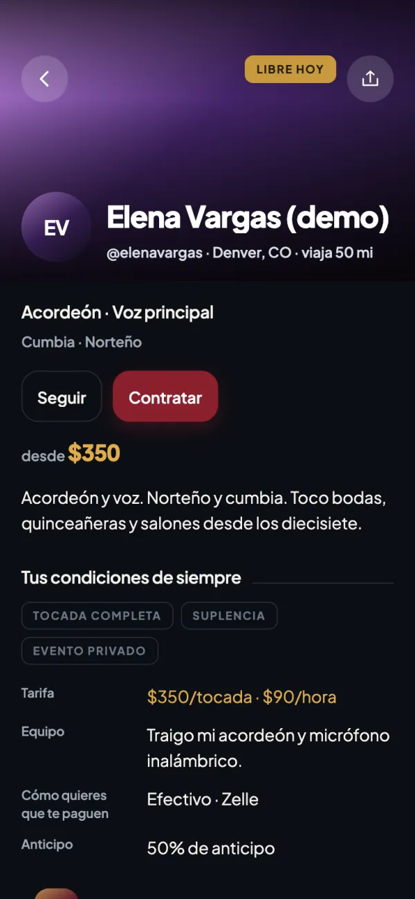 El perfil de una música: acordeón y voz principal, libre hoy, desde $350, con sus condiciones de siempre.