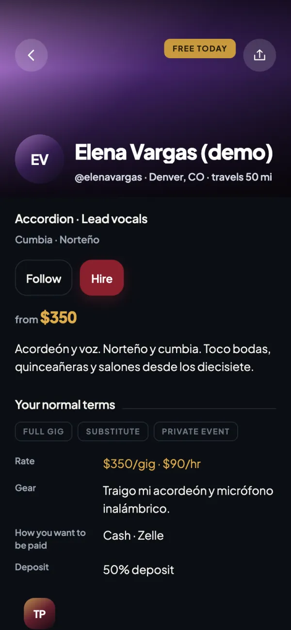 A musician's profile: accordion and lead vocals, free today, from $350, with their normal terms.