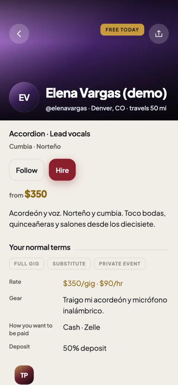 A musician's public profile: instruments, genres, whether they are free today, their rate, the gear they bring and how they want to be paid.