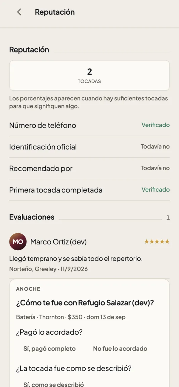 La pantalla de reputación: tocadas terminadas, qué datos están verificados, una reseña de cinco estrellas y las dos preguntas de después de la tocada.
