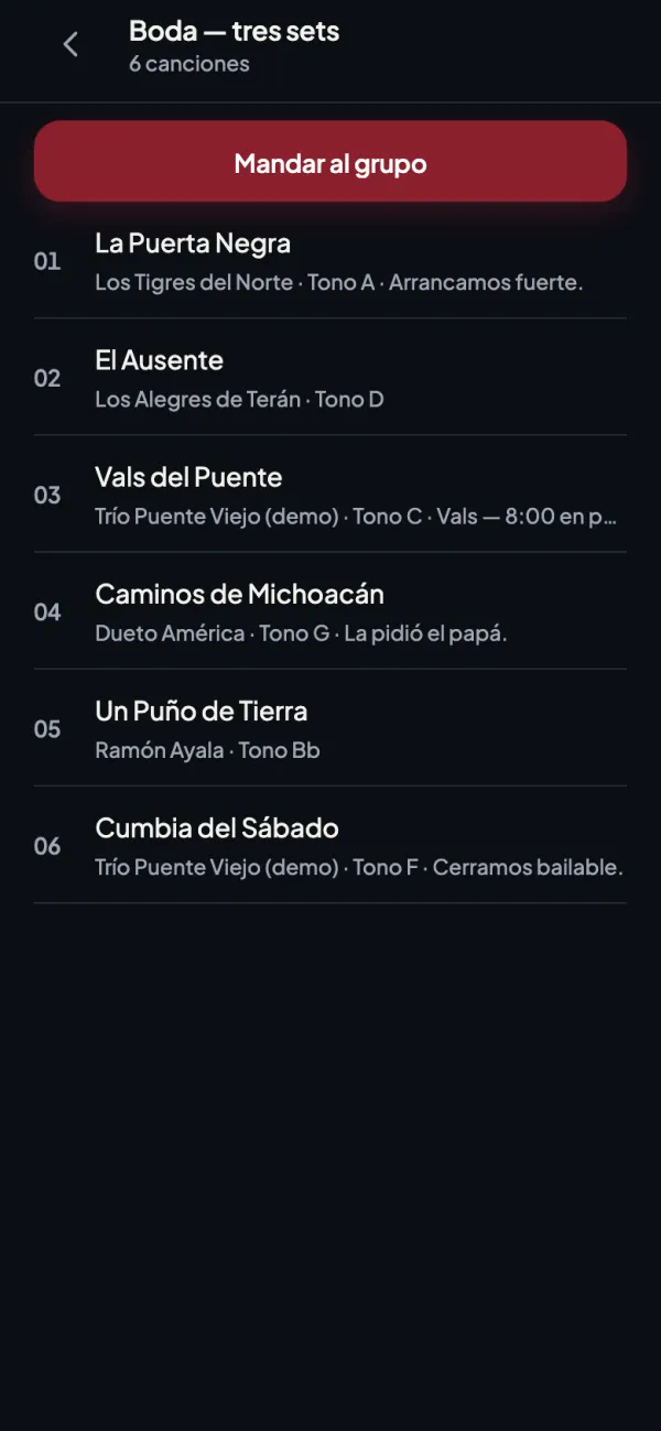 Un repertorio: seis canciones en orden con el artista, el tono y una nota en cada una, y un botón para mandárselo al grupo.